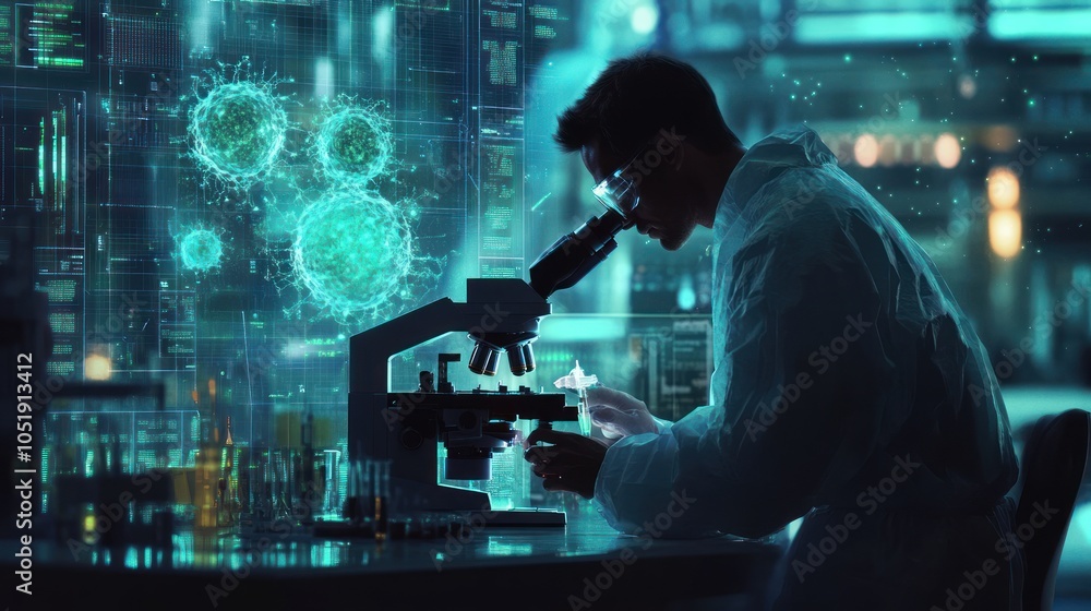 Poster a scientist in a lab coat and safety goggles examines a sample under a microscope while working on a