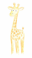 A simple, cute drawing of a giraffe for kids, with a long neck, big friendly eyes, and small horns.