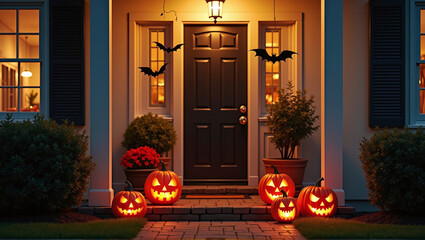 Obraz premium House decorated with spooky Halloween decorations, pumpkin faces and bats, helloween and thanksgiving tradition