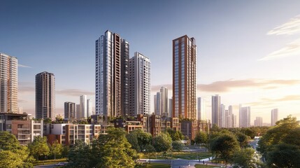 Obraz premium A sweeping panorama of modern skyscrapers and apartment buildings, capturing the energy and design of an ever-expanding urban environment.