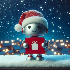 Mini ai robot Santa clause holding a card