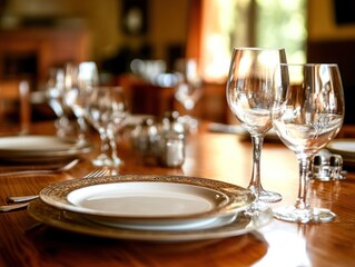 Elegant dining setup with plates and wine glasses on a wooden table.