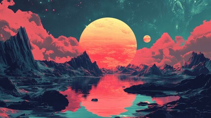 A Surreal Landscape with a Giant Red Moon and Rocky Outcroppings