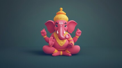 Colorful Lord Ganesha statue, pink with golden ornaments, sitting in a meditative pose
