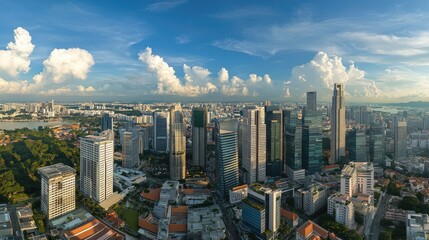 Naklejka premium A wide cityscape panorama of tall office buildings and residential complexes, highlighting the dense structure of urban architecture.