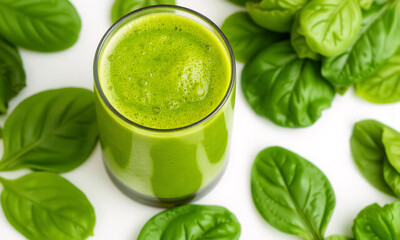 Obraz premium a vibrant green spinach smoothie in a glass surrounded by fresh spinach leaves on a white background