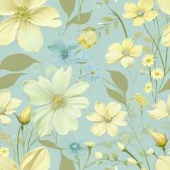Obraz premium Seamless floral pattern featuring delicate flowers in pastel green, soft yellow, and light blue colors.