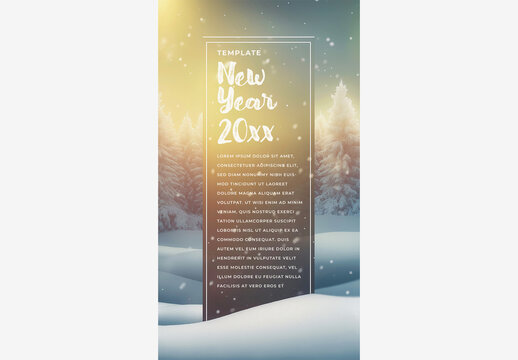 Holiday & Winter Templates: Snow-Covered Field with New Year 2020 Sign, Sunlit Forest, and Festive Snowflakes Holiday Template Generative AI