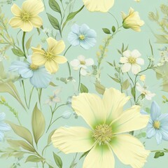 Fototapeta premium Seamless floral pattern featuring delicate flowers in pastel green, soft yellow, and light blue colors.