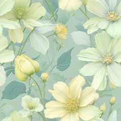 Seamless floral pattern featuring delicate flowers in pastel green, soft yellow, and light blue colors.