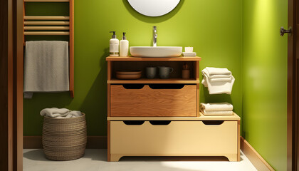 Chest of drawers with sink and bath supplies near green wall in bathroom isolated with white highlights, png