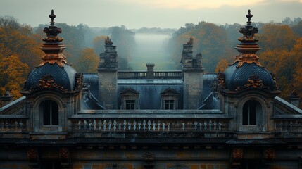 Close-up shot of a French chateau roof with gray slate tiles, ornate copper spires, and detailed stone carvings, set against a misty morning sky, photorealistic