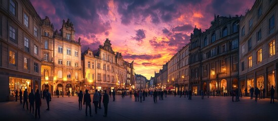 Obraz premium A vibrant sunset illuminates a bustling city square with people walking past shops and historic buildings.