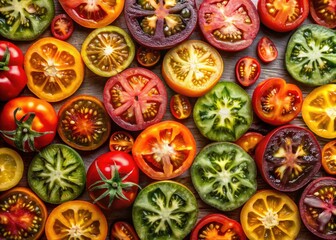 Fototapeta premium Vibrant Portrait Composition of Homegrown Multicolored Tomato Slices as an Organic Background Texture for Culinary and Farm-to-Table Themes