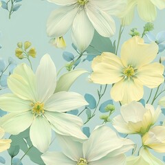 Obraz premium Seamless floral pattern featuring delicate flowers in pastel green, soft yellow, and light blue colors.