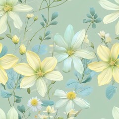Obraz premium Seamless floral pattern featuring delicate flowers in pastel green, soft yellow, and light blue colors.
