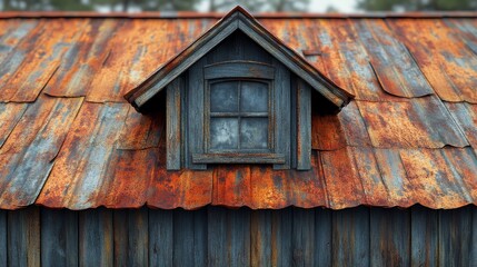 Close-up shot of a farmhouse roof with dark metal panels, rusted details, and weathered wood, surrounded by rolling hills, photorealistic