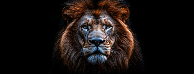 Majestic African Lion With Intense Gaze Against Black Background Banner