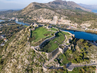 Aerial drone photo of the Rozafa castle in the Albanian city of Shkoder. 