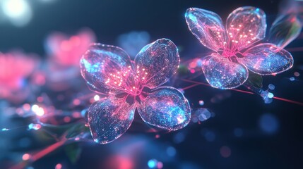 Two translucent pink and blue flowers with glowing centers on a dark background, creating a dreamy and ethereal effect.