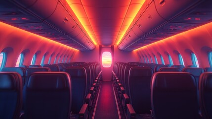 Fototapeta premium Empty airplane passenger cabin, rows of seats, clean and modern, large windows showing the sky, detailed interior design, overhead compartments closed, soft ambient lighting, realistic, photorealistic