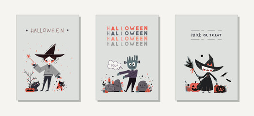 A set of Halloween party posters with pumpkins, a witch, a zombie and a wizard. Vector illustration and cute characters. Greeting cards, invitation flyers, party posters.