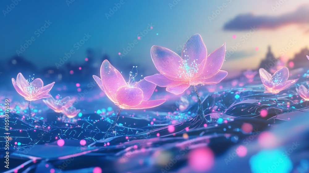 Poster A field of glowing pink flowers with a soft blue sky and a few clouds in the background. The flowers are made of translucent material and glow with a soft light.