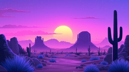 Stunning desert sunset a vibrant landscape of cacti and mountains under a magical purple sky