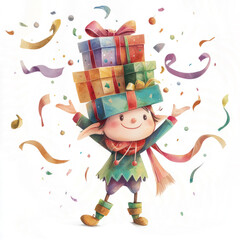 Naklejka premium A mischievous elf character holding a stack of beautifully wrapped presents, with vibrant watercolor ribbons flying around.