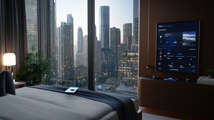 A modern hotel room features smart technology controlled via mobile apps, ideal for business travelers seeking luxury and convenience