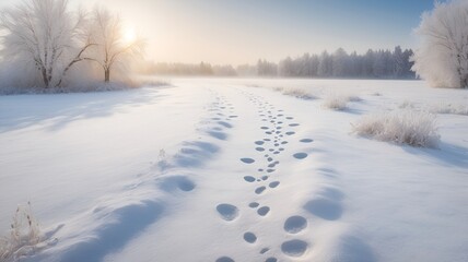 Obraz premium Footprints in the snow on a winter path with sunrise and trees