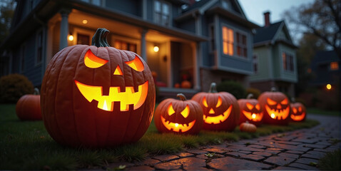 Fototapeta premium House decorated with spooky Halloween decorations, pumpkin faces and bats, helloween and thanksgiving tradition