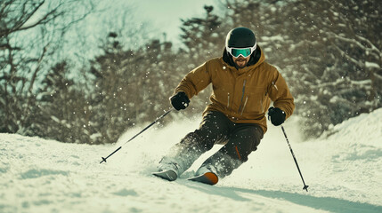a human skiing down a snowy mountain