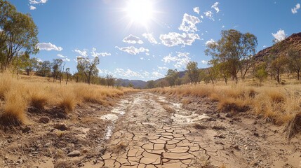 Sunbaked Earth: A Dry Creek Bed Under a Summer Sky