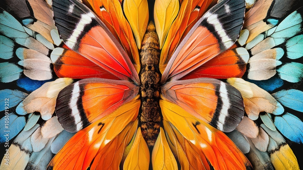 Poster a mesmerizing array of butterfly wings in vivid colors, capturing nature's diversity in a kaleidosco