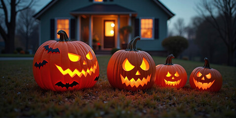 Fototapeta premium House decorated with spooky Halloween decorations, pumpkin faces and bats, helloween and thanksgiving tradition