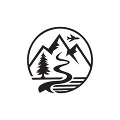 Mountain, tree, and airplane logo design; travel and road trip professional vector logo.