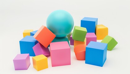 Obraz premium Vibrant Geometric Shapes: Bright Ball and Colorful Cubes on White Background