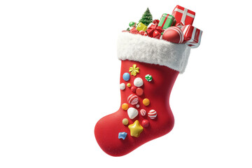 A red and white Christmas stocking filled with small gifts , candy poking out from the top.