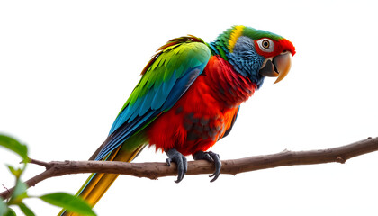 Obraz premium Bright parrot on tree branch against white background. Exotic pet isolated with white highlights, png