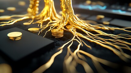 3D graphic of golden roots branching into various investment sectors, symbolizing foundational growth through gold and diversified strategies