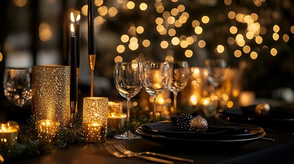 A festive New Year's Eve party table with glowing candles, champagne glasses, and gold accents, with a blurred firework show lighting up the sky in the background.