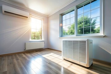 Fototapeta premium White Air Conditioner for Summer Cooling - Essential Home Appliance for Hot Climates - Energy Efficient Climate Control Solution