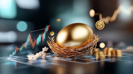 Golden nest egg surrounded by symbols of various investments, depicting gold as a secure foundation for diverse financial growth