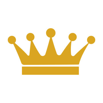 A gold crown with five points. It is yellow and has a gold color