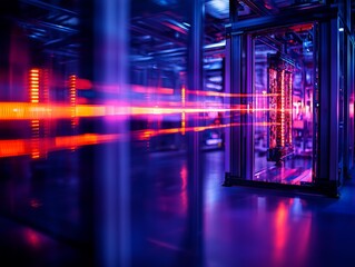 Fototapeta premium Futuristic data center with vibrant lights, showcasing advanced technology and a high-tech atmosphere for digital innovation.