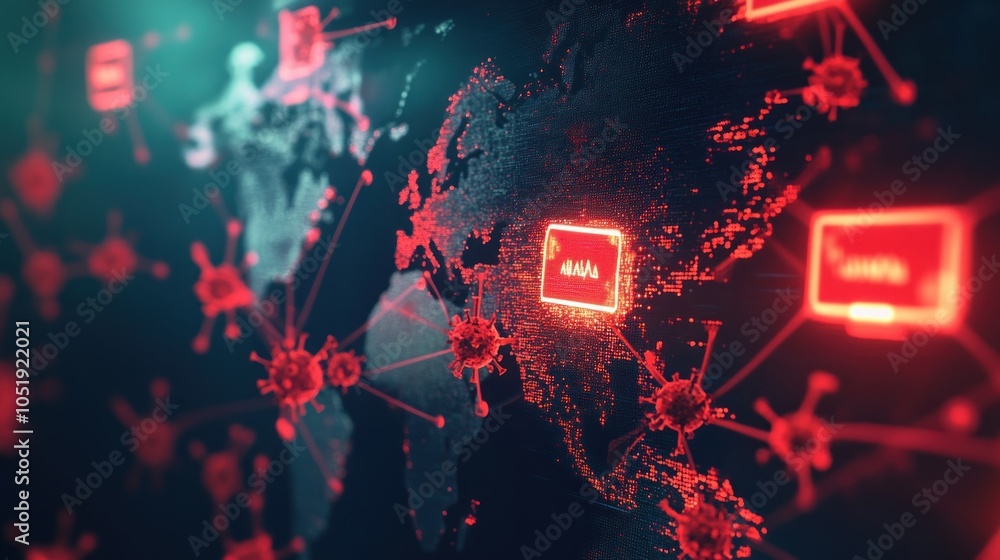 Poster a digital illustration depicting a world map with red virus symbols connected by lines, representing