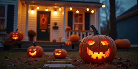 Obraz premium House decorated with spooky Halloween decorations, pumpkin faces and bats, helloween and thanksgiving tradition