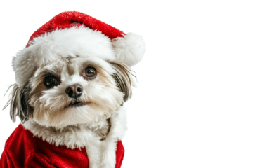 A dog dressed as Santa Claus, wearing a red coat and hat with white fur trim, on a clean white backdrop