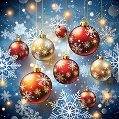 A bunch of christmas balls hanging on a wall with snow on the background